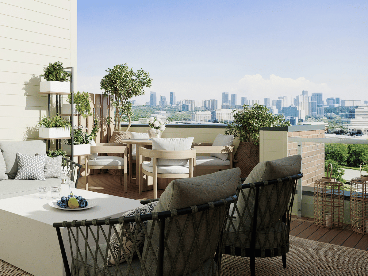 Rendering of a staged terrace at The Towns at York Mills & Leslie.